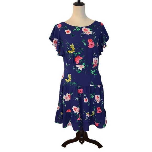Eliza J Dresses & Skirts - Eliza J Flutter Sleeve Floral Dress Sz 10 Navy Tiered Ruffle Hem Boho Event NWOT